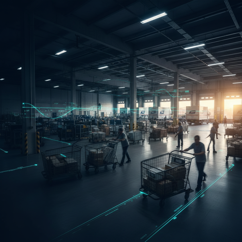 AI-generated busy post office facility with movement and predictive readiness signals
