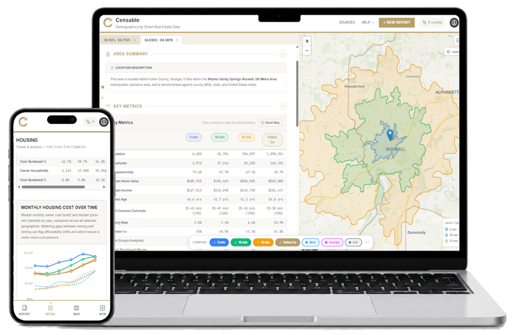 Censable demographic reports shown on laptop and phone