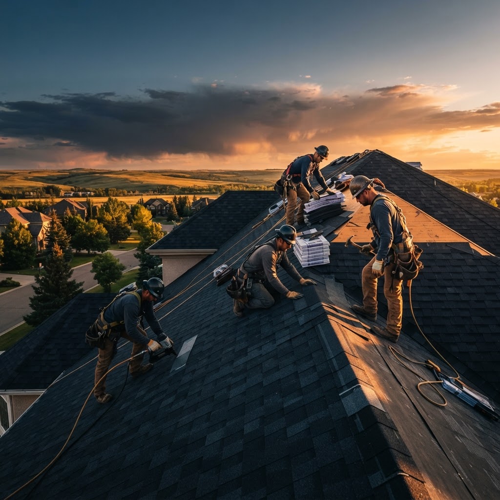 Hail Shield Exteriors crew installing a new roof at sunset