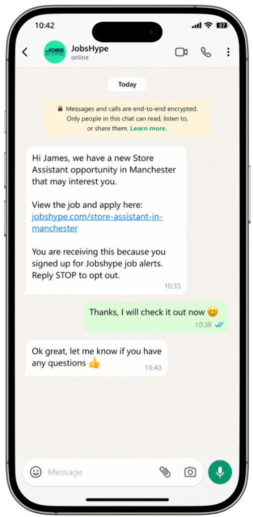 WhatsApp job alert from JobsHype