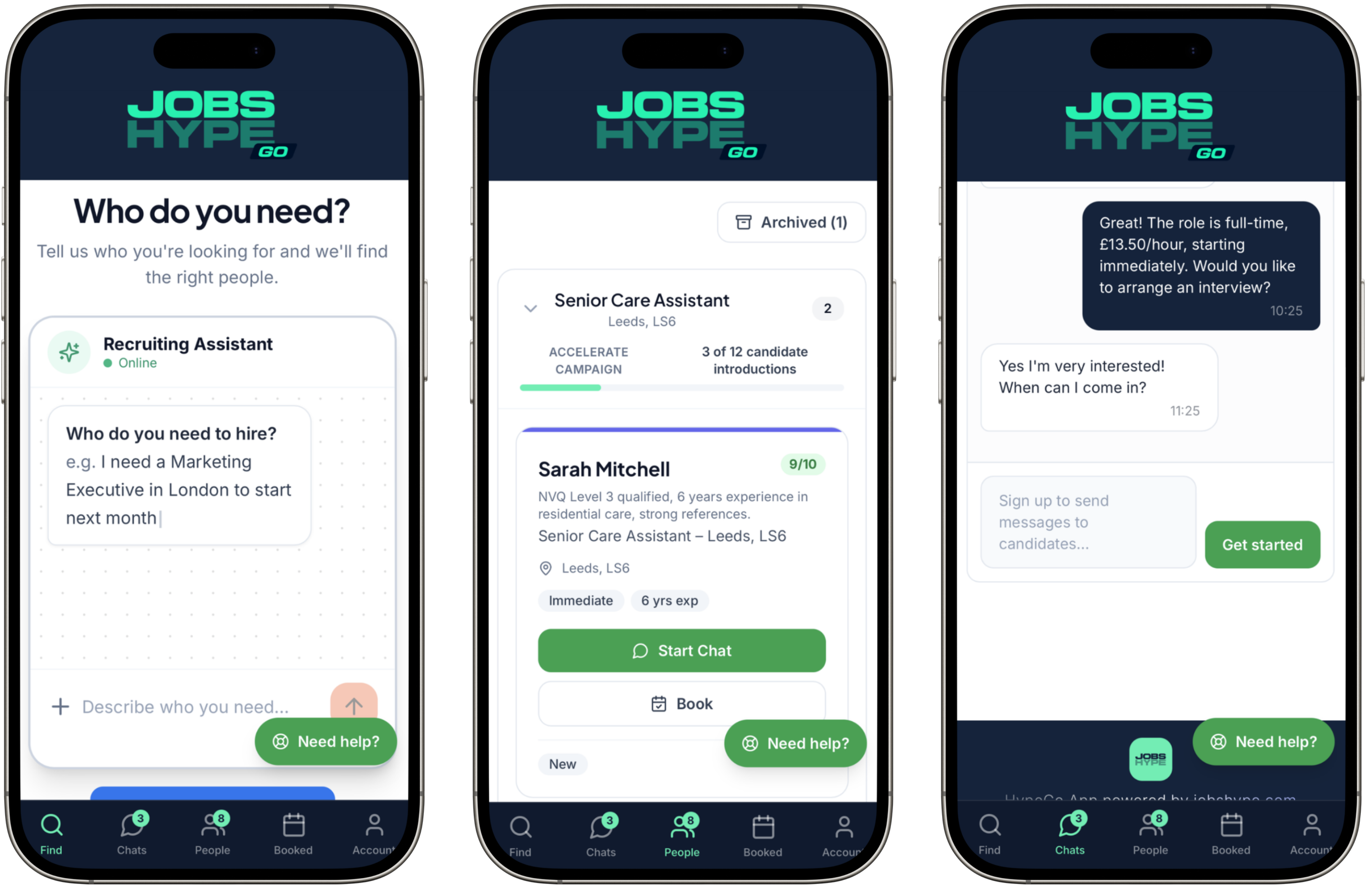 Hiring Assistant — Find, People and Chats screens