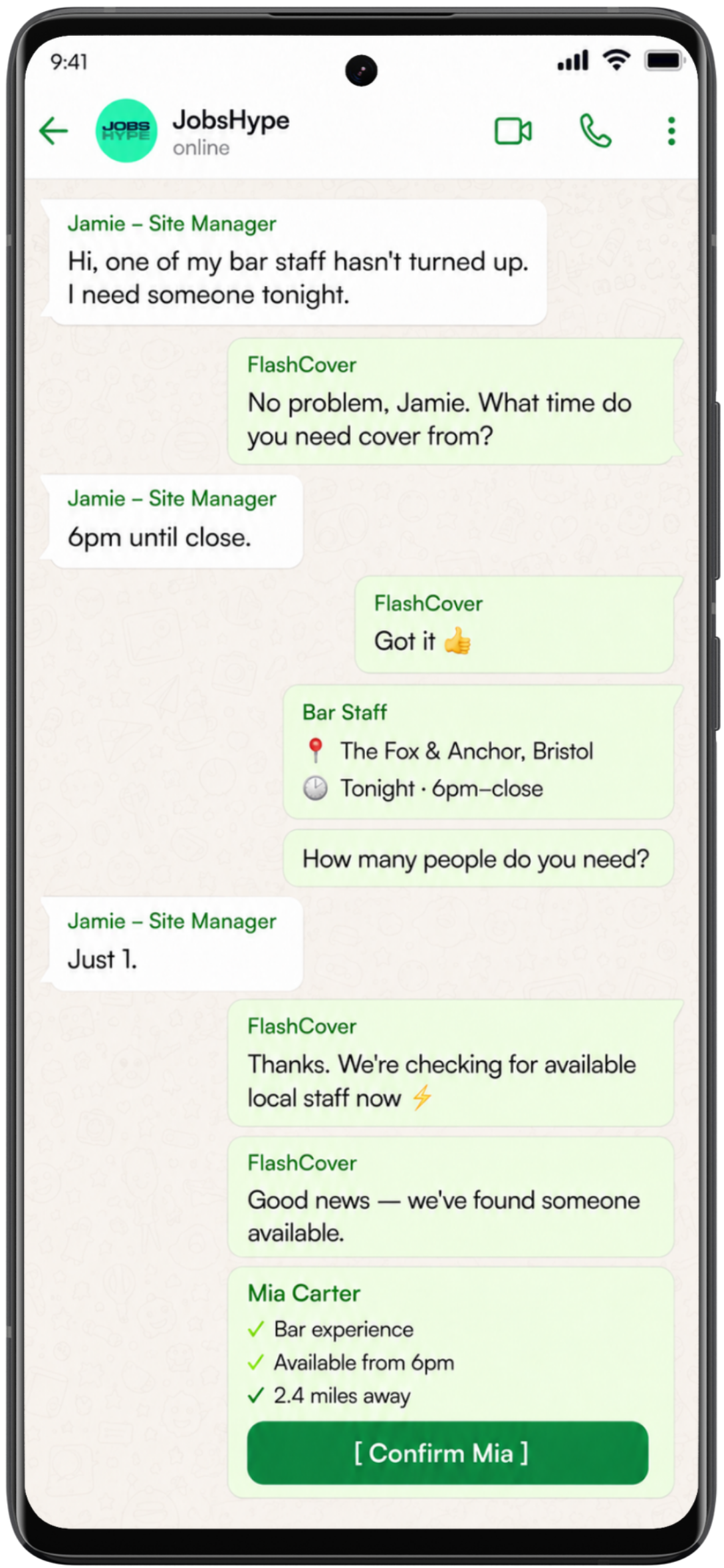 Flash-Cover WhatsApp conversation example from JobsHype