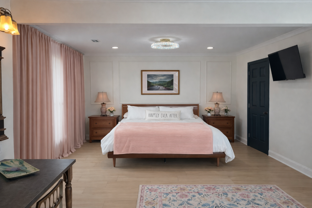 Magnolia Suite luxury king bedroom with pink drapes, wall-mounted TV, Happily Ever After pillow, and crystal chandelier at Laurel Haven Estate
