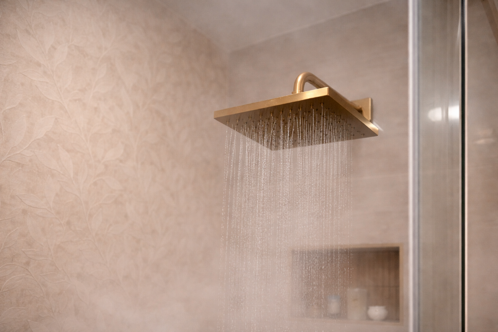 Magnolia Suite gold rainfall showerhead with water flowing against botanical tile and steam in walk-in shower at Laurel Haven Estate