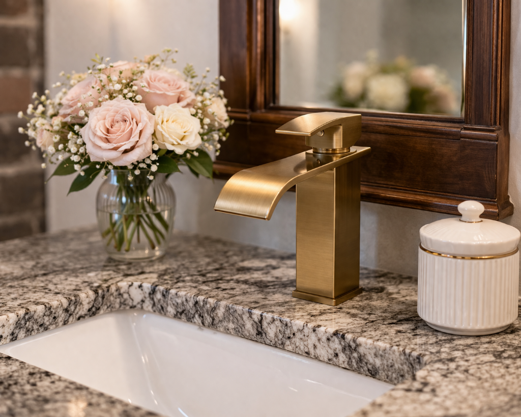 Close-up of brass waterfall faucet, blush roses, and granite countertop in the Magnolia Suite bathroom at Laurel Haven Estate Lancaster SC