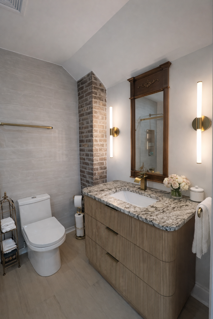 Magnolia Suite bathroom with exposed brick chimney, granite vanity, antique wood mirror, and brass sconces at Laurel Haven Estate Lancaster SC