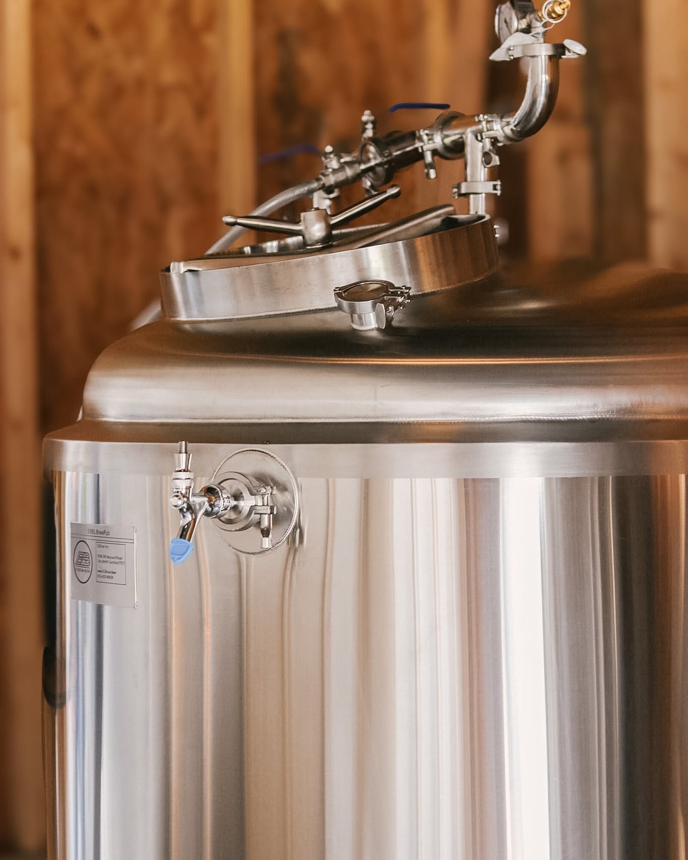 Close view of a stainless steel brewing tank at Laurel Haven Estate Brewery.