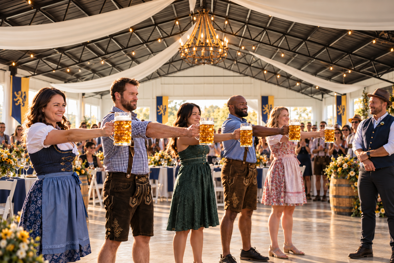 Contestants holding full beer steins at arm’s length during an Oktoberfest competition inside the Laurel Haven pavilion.