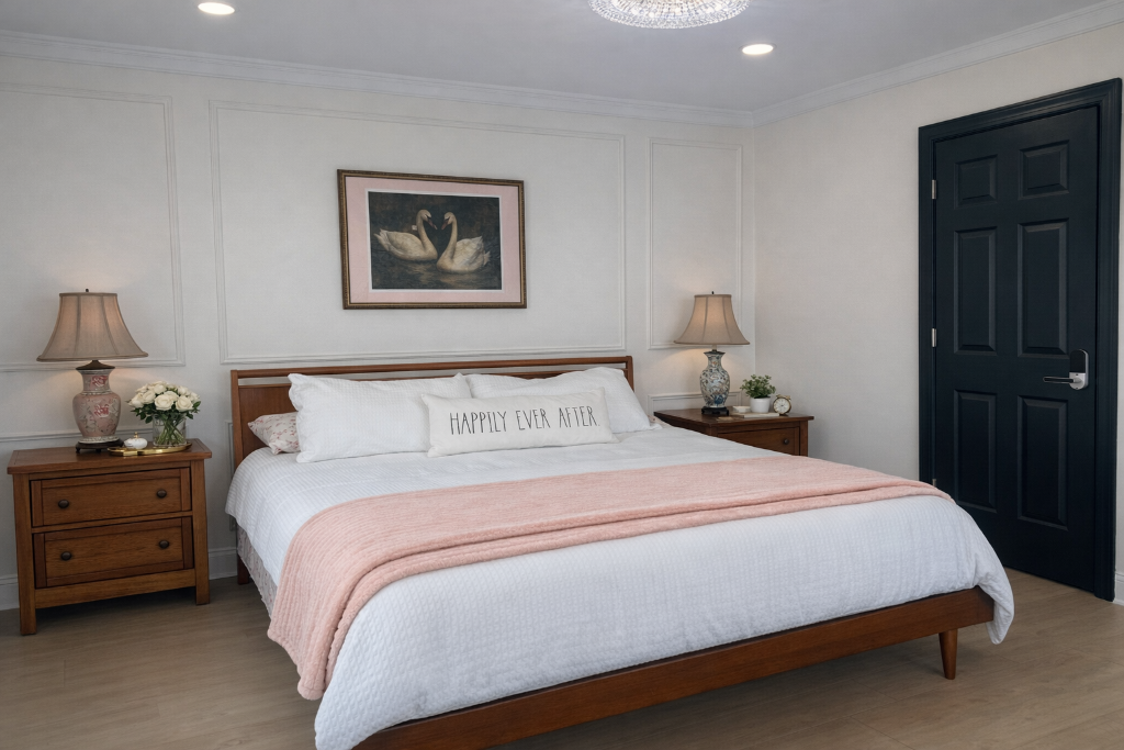 Magnolia Suite king bedroom with Happily Ever After pillow, swan artwork, crystal chandelier, and dark navy door at Laurel Haven Estate