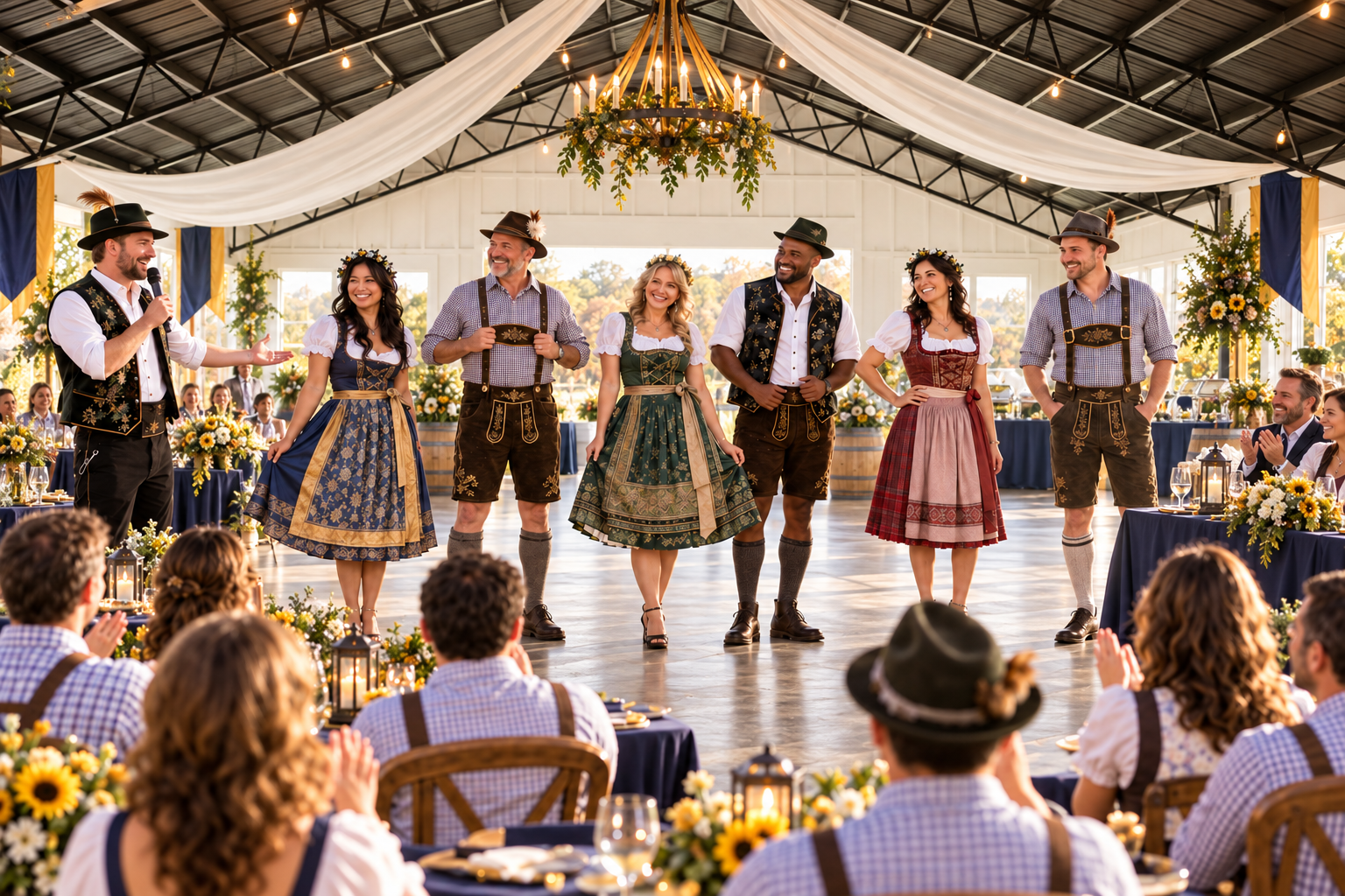 Contestants displaying festive Oktoberfest outfits inside the Laurel Haven pavilion.