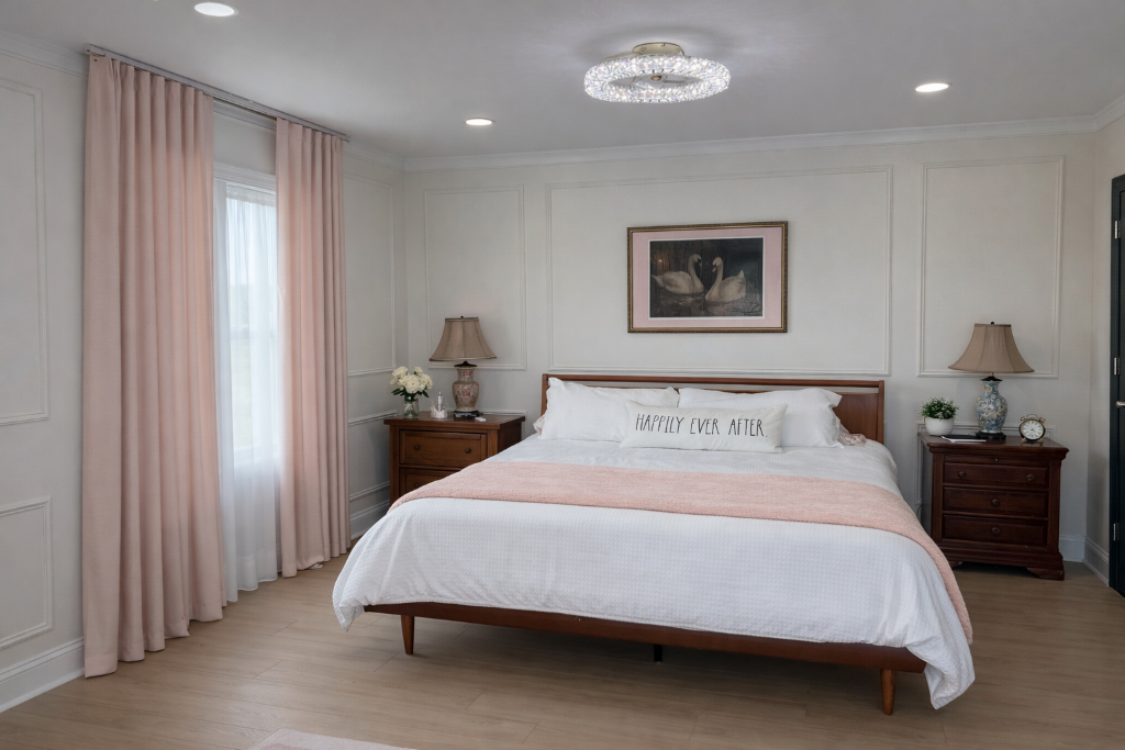 Magnolia Suite bedroom with blush pink curtains, crystal chandelier, mid-century king bed, and wainscoted walls at Laurel Haven Estate Lancaster SC