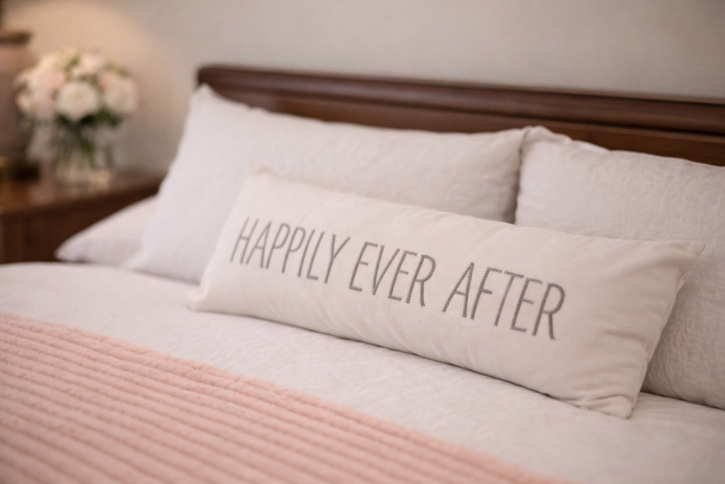 Close-up of Happily Ever After embroidered pillow on white bedding with blush throw in Magnolia Suite at Laurel Haven Estate