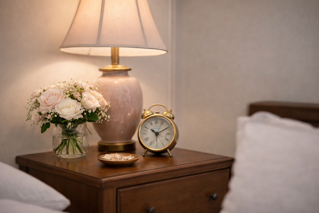 Magnolia Suite nightstand with pink ceramic lamp, gold clock, blush roses, and gold jewelry dish at Laurel Haven Estate Lancaster SC