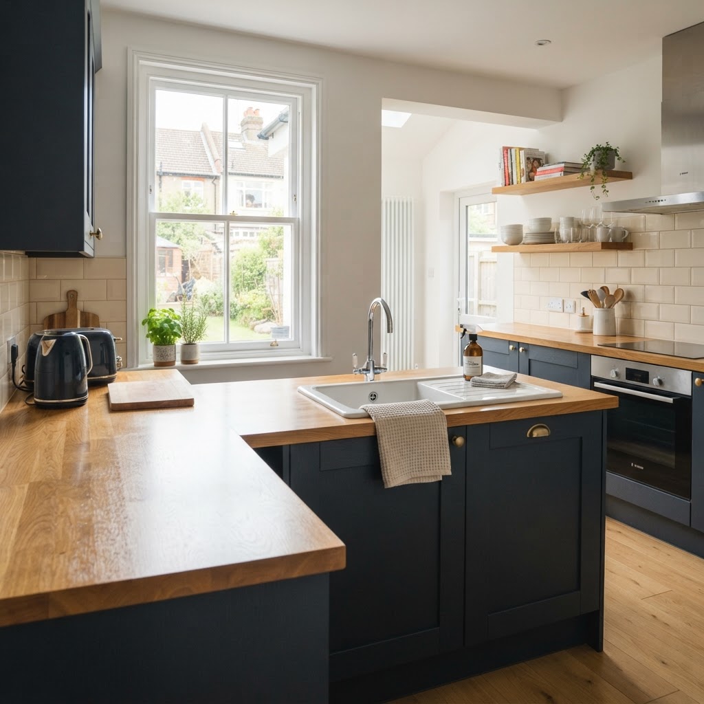 A bright, clean kitchen in a family home with natural sunlight streaming through the window.