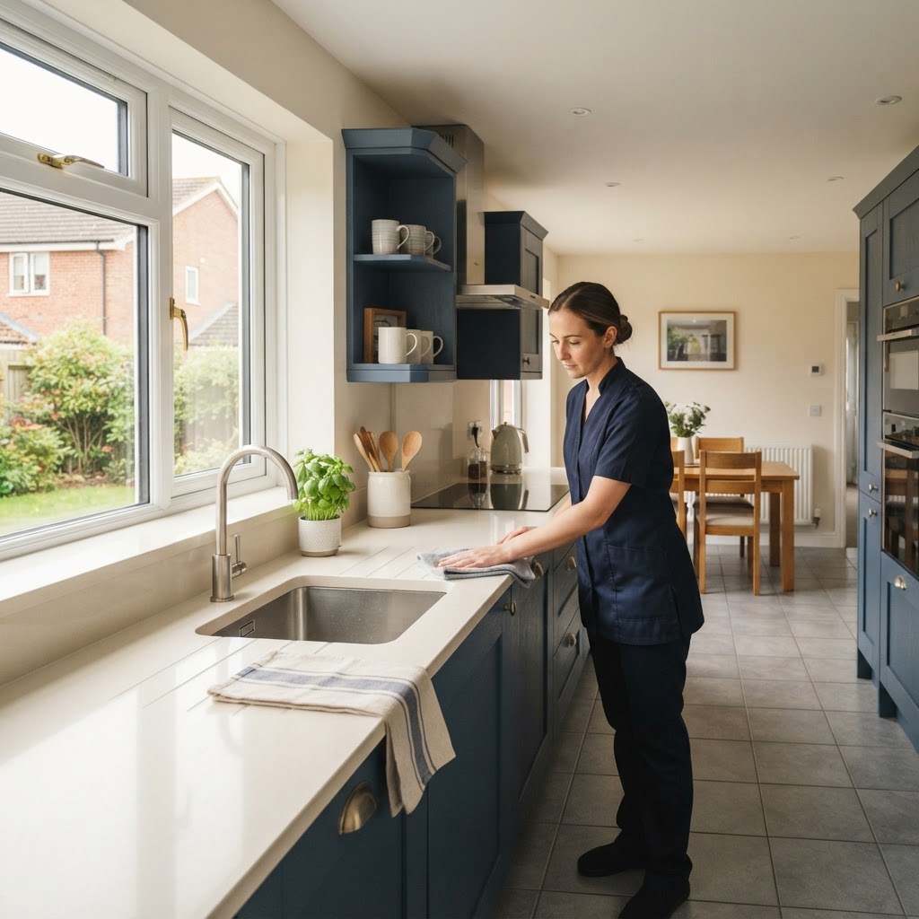 A bright, clean kitchen in a family home with natural sunlight streaming through the window.