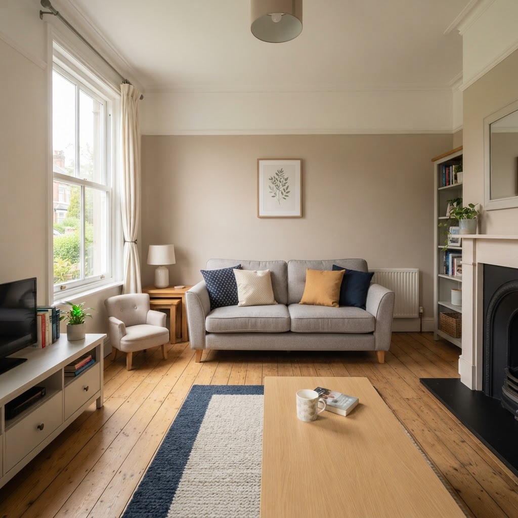 A bright, clean, and tidy living room with natural light coming through the window.