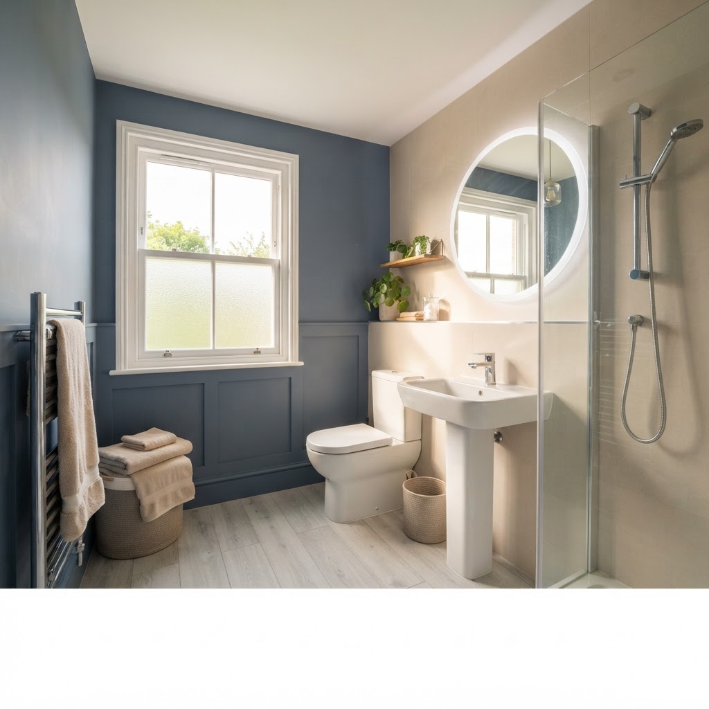 A clean, bright bathroom with white tiles and natural light.