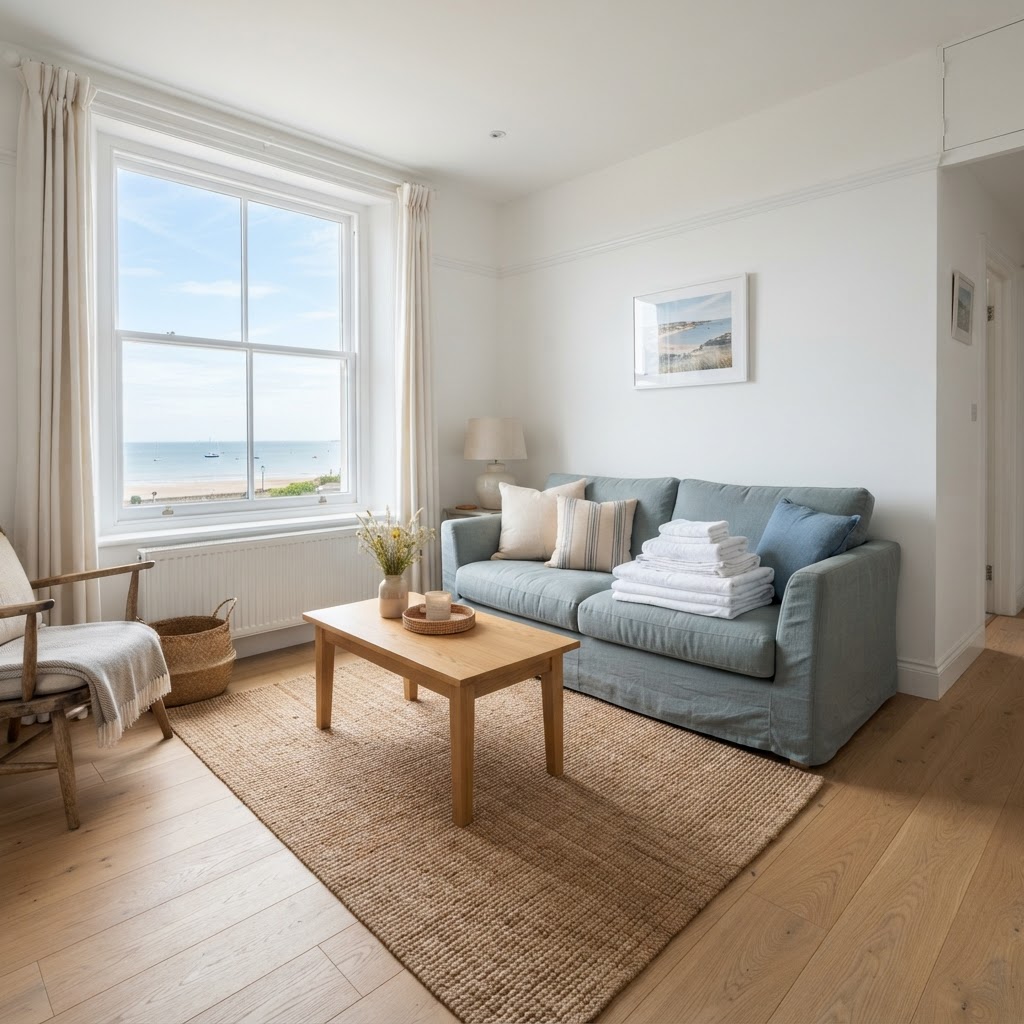 A clean, bright living room in a coastal house with natural light and folded linen.