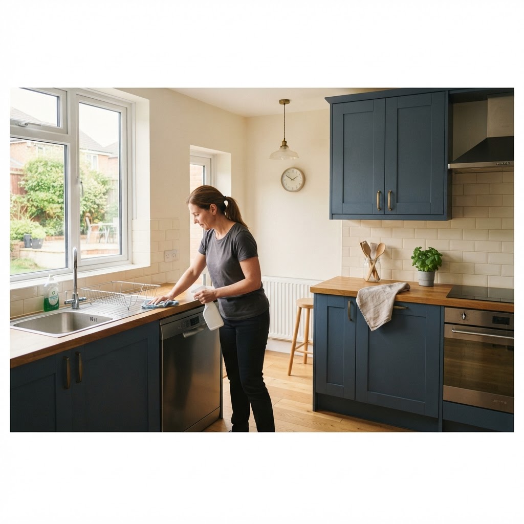 A bright, clean kitchen interior with natural sunlight streaming through a window.