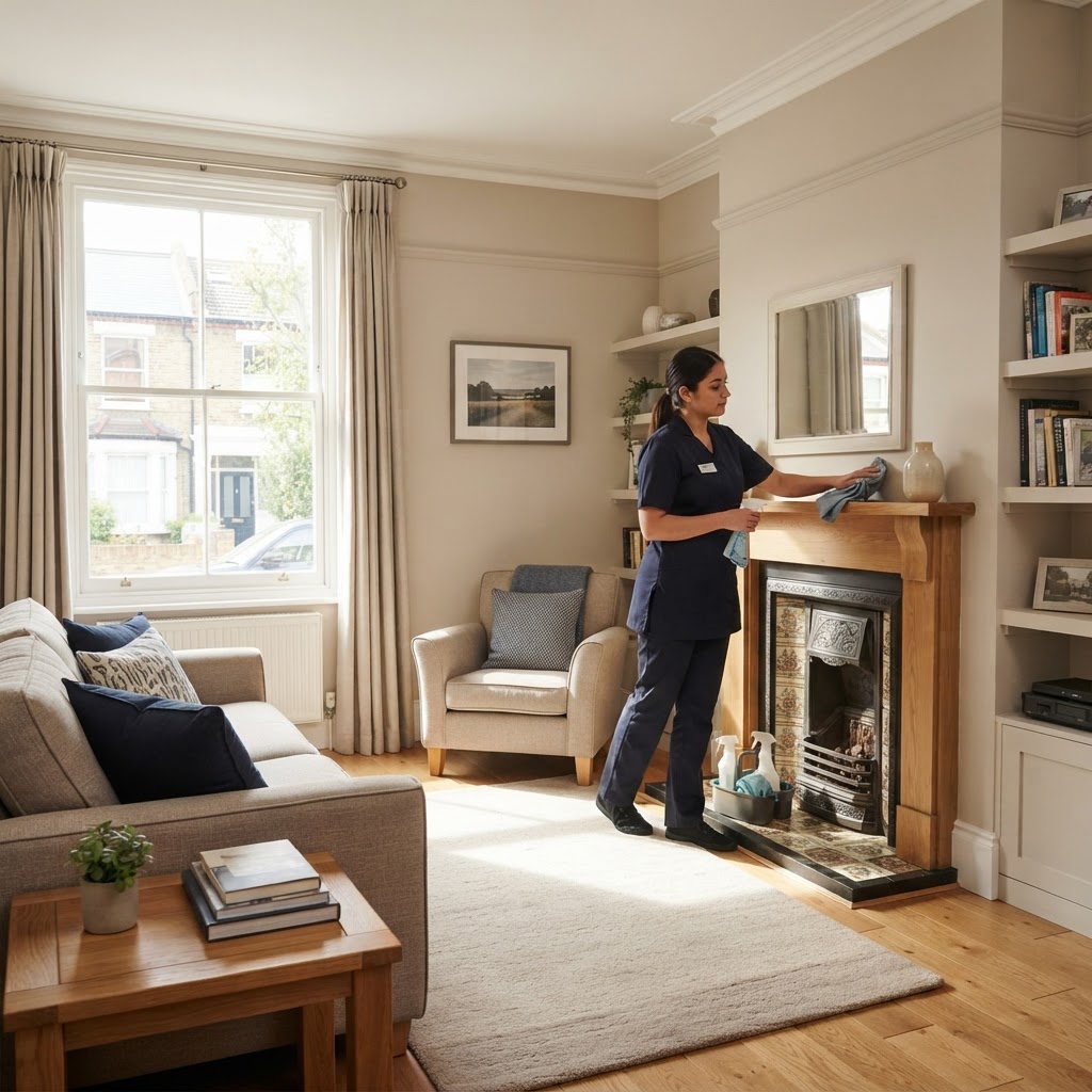 A clean, bright living room in a traditional Lancashire home with natural sunlight streaming through a window.