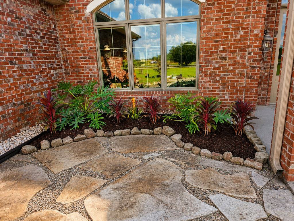 Flagstone patio with tropical flower bed