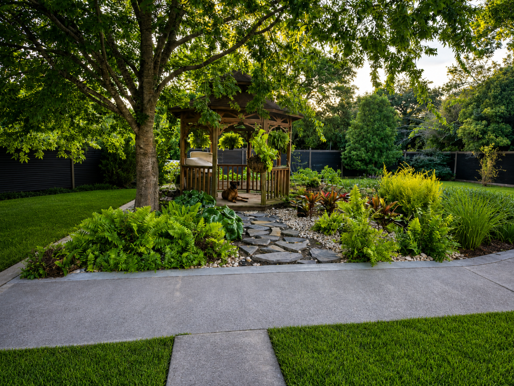 Garden gazebo with stone path and lush plantings