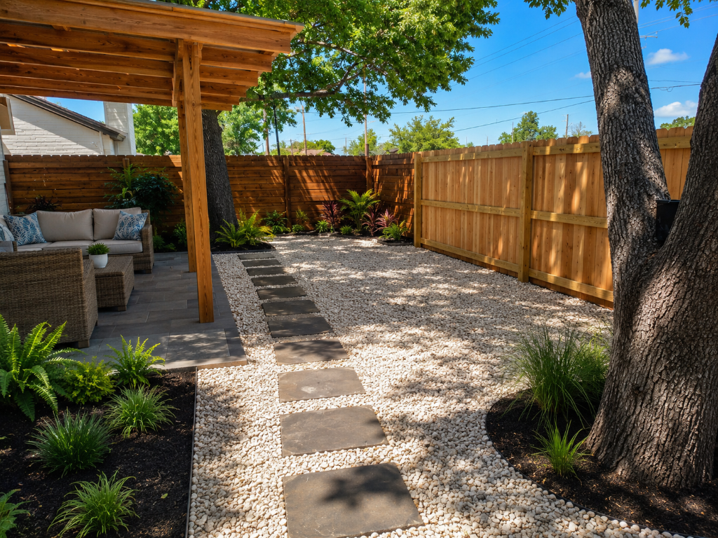 Backyard patio with stepping stones and pergola
