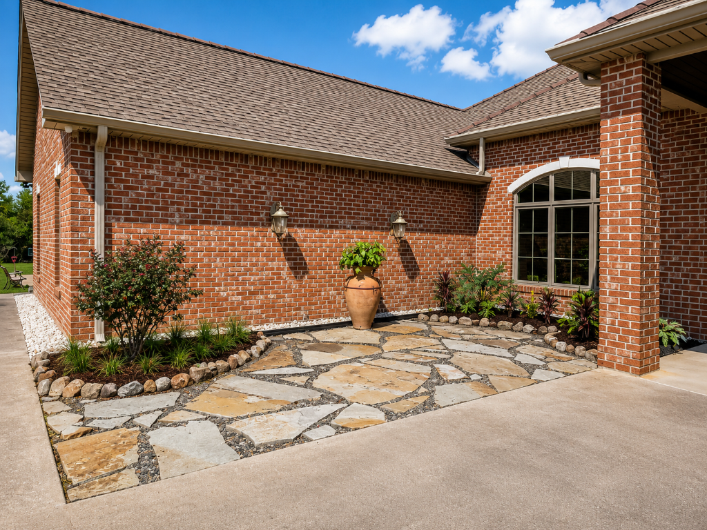 Flagstone walkway with decorative landscaping