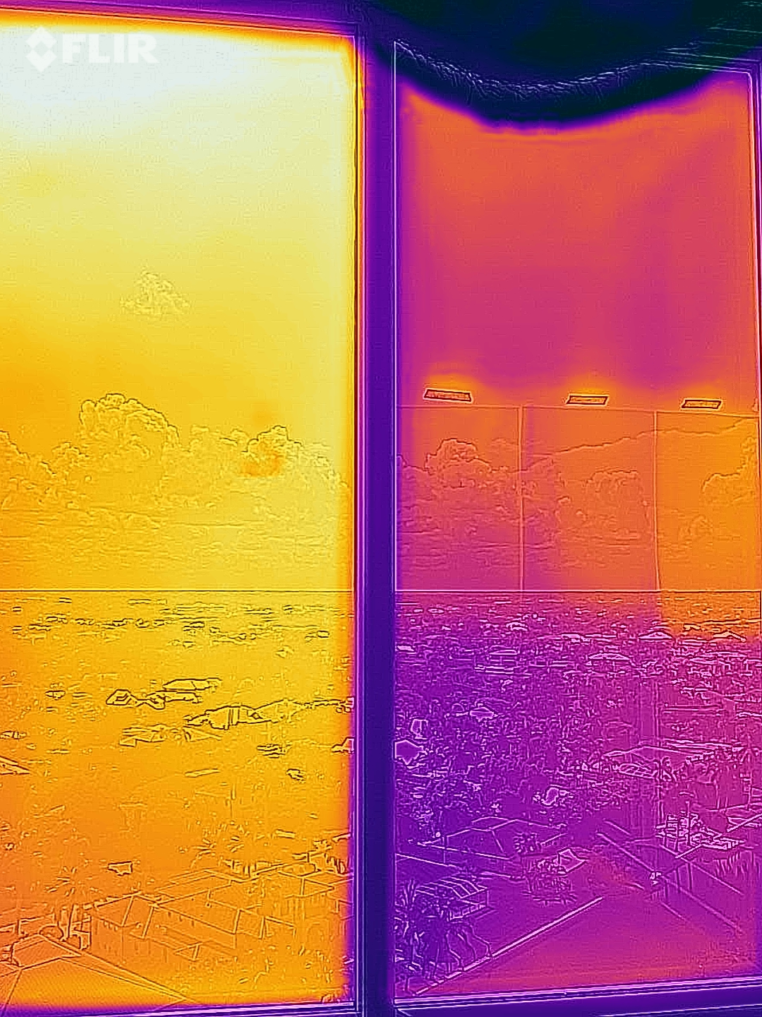 FLIR thermal imaging comparison of ceramic-tinted impact glass (left, hot) versus spectrally selective film samples on cleared glass (right, cool) at Baypointe Condominiums Naples FL