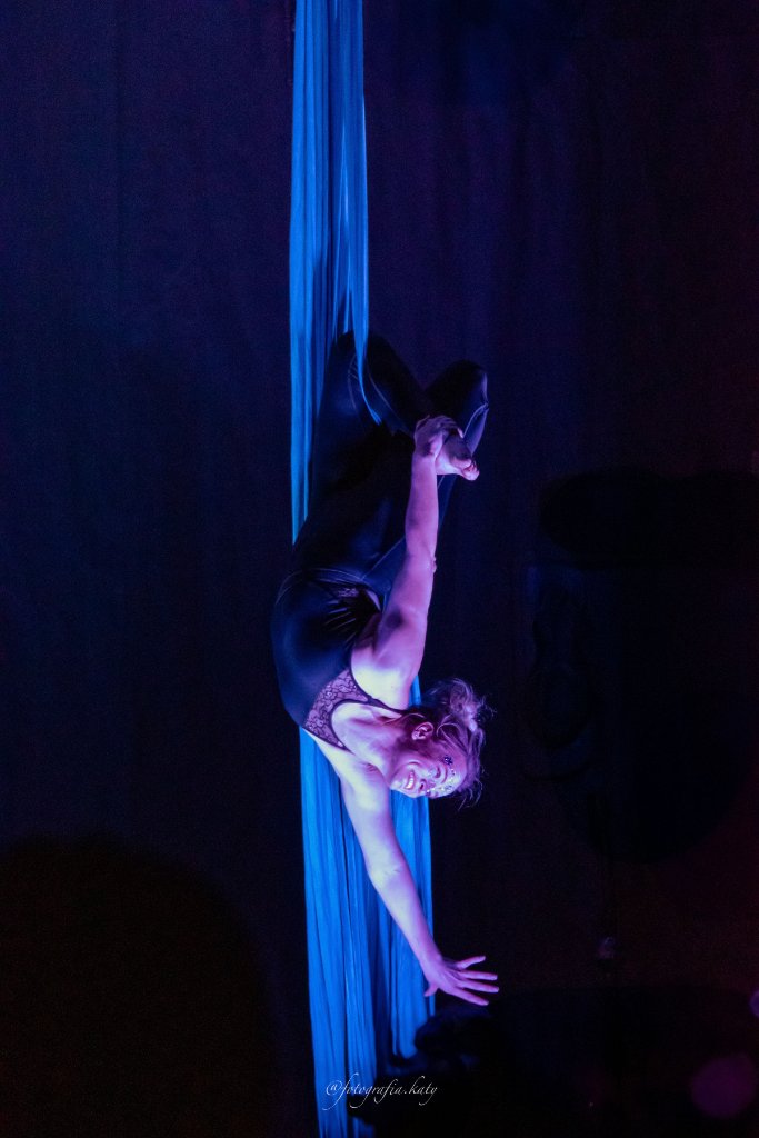 Aerialist performing on blue silks