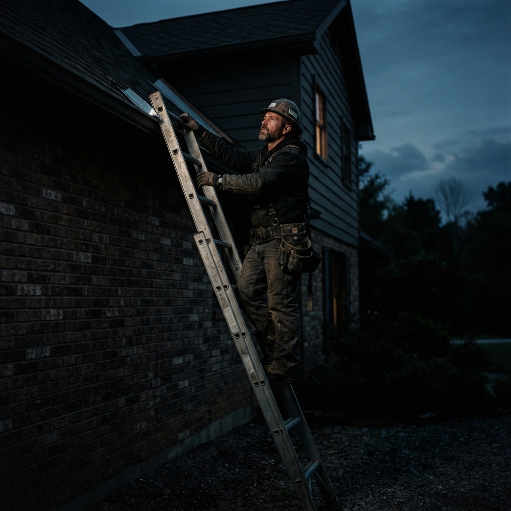 Roofing contractor on a ladder working at dusk, representing the trades Forseo's field service software supports