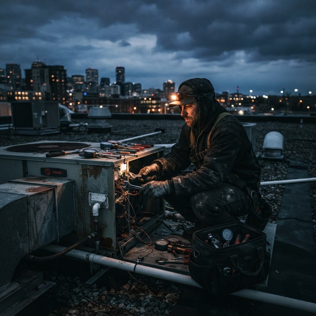HVAC technician servicing a rooftop unit at dusk, representing Forseo's AI lead finder scanning for construction work leads