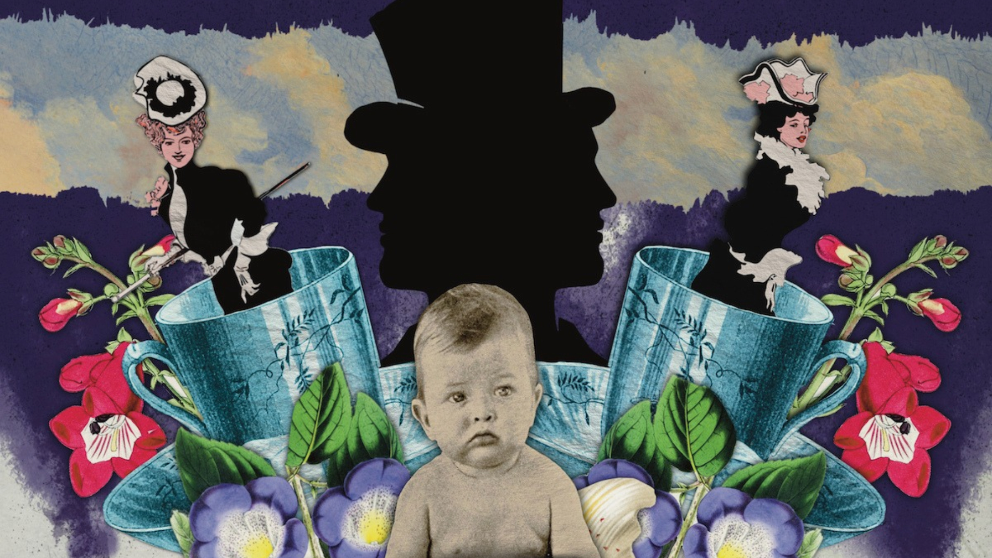 Poster for CLOSE UP: The Importance of Being Earnest — collage of a top-hatted silhouette, teacups, and flowers