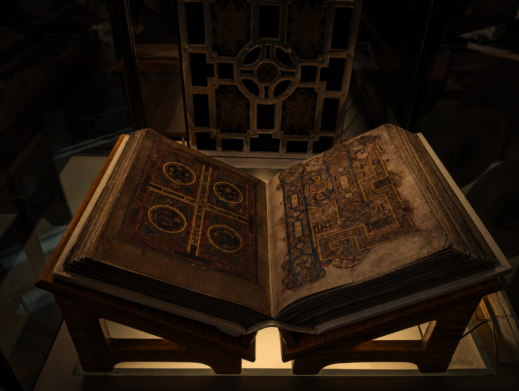 Historic library with leather-bound books