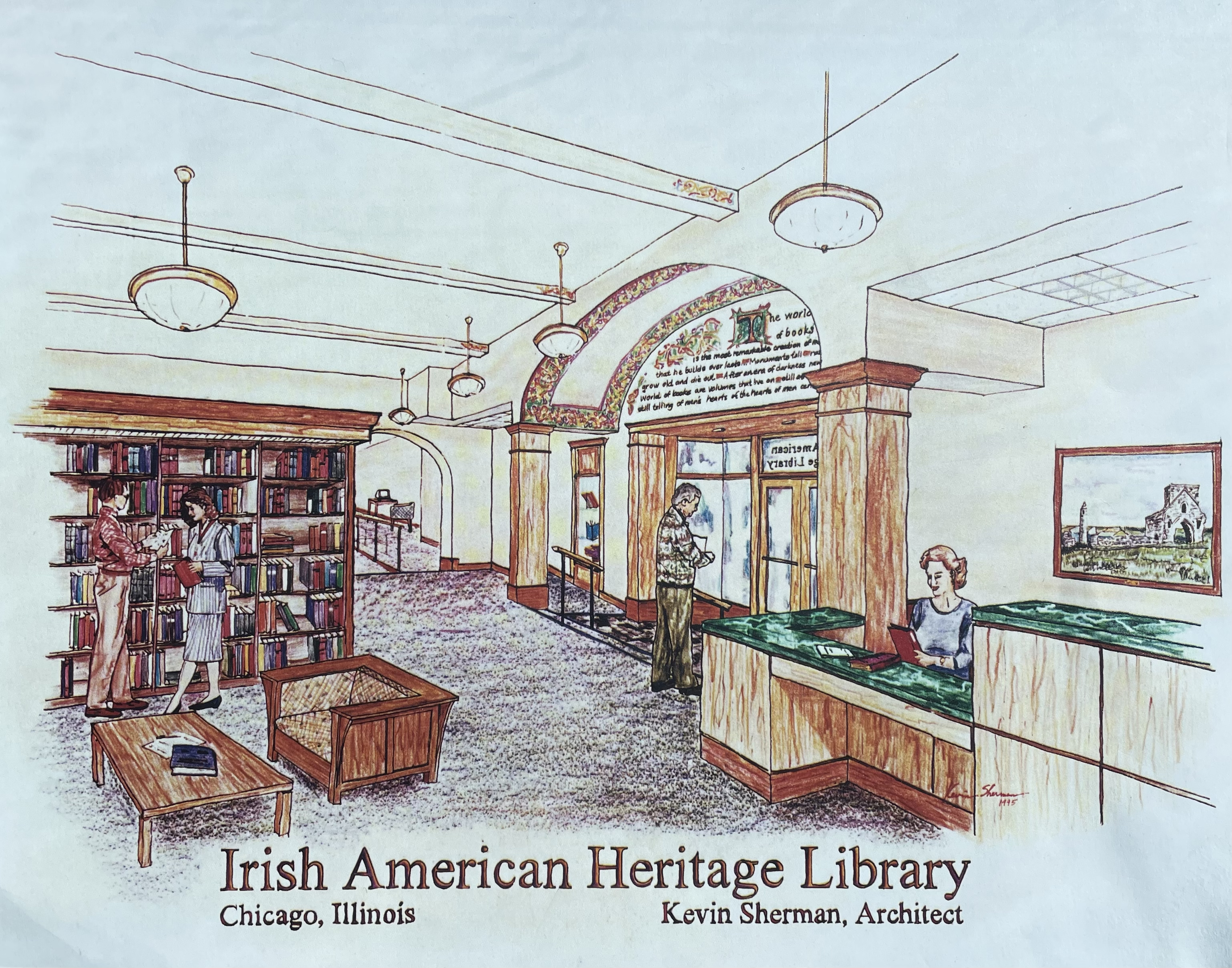 Architectural illustration of the Irish American Heritage Library by Kevin Sherman, 1995