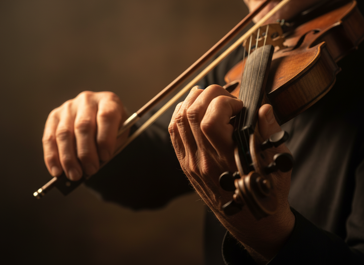 Musician's hands playing a traditional Irish fiddle