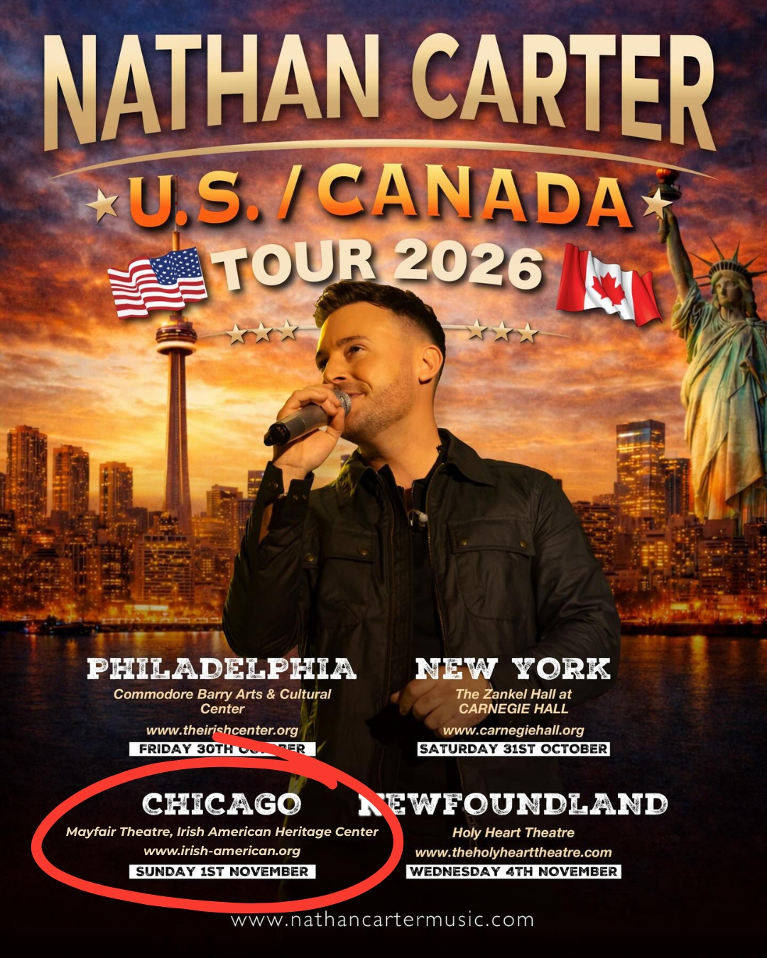 Nathan Carter U.S. / Canada Tour 2026 — Chicago stop at the Mayfair Theatre, Irish American Heritage Center, Sunday 1st November