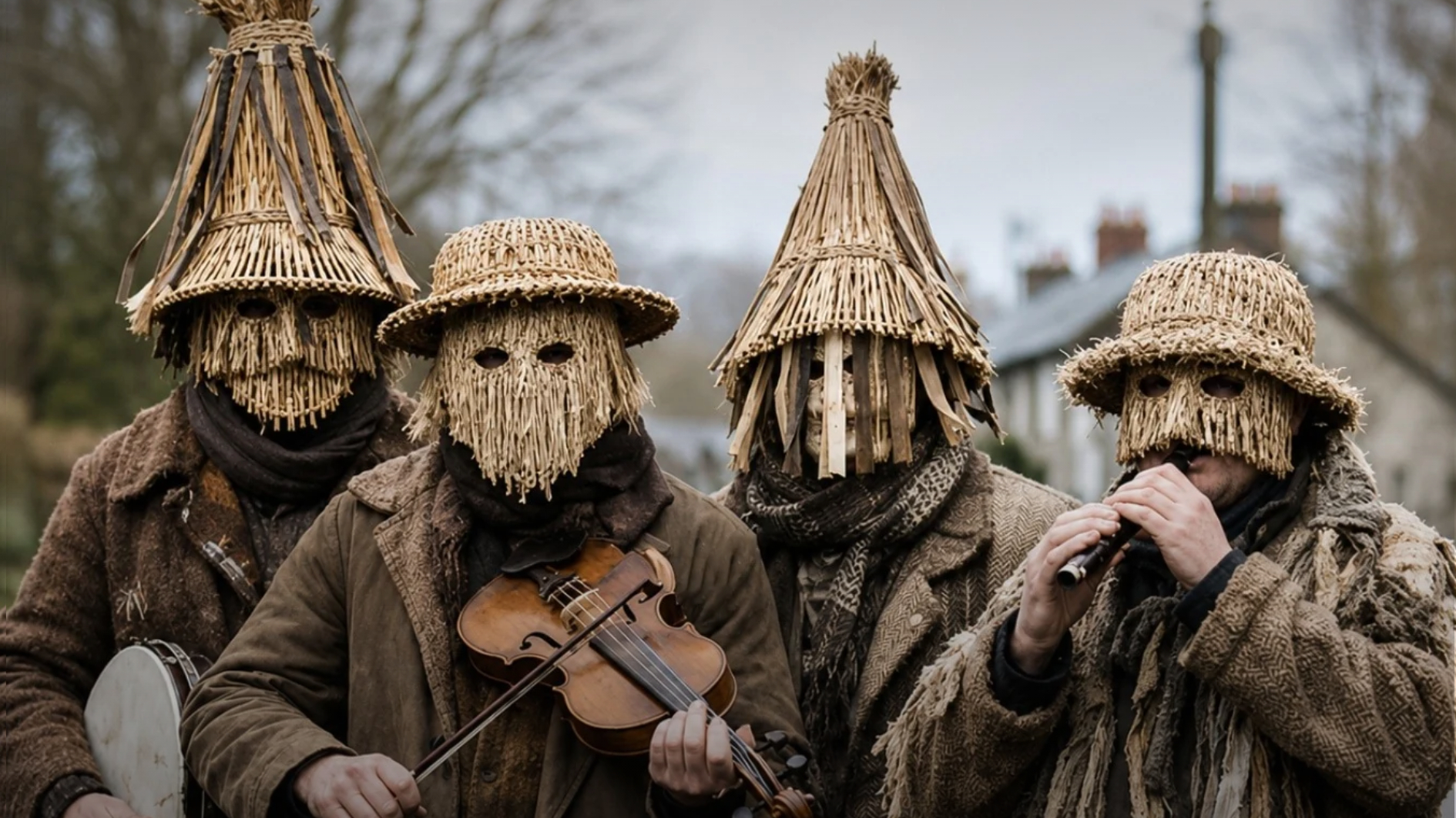 Four musicians in Wren Boy straw masks and hats with fiddle and whistle