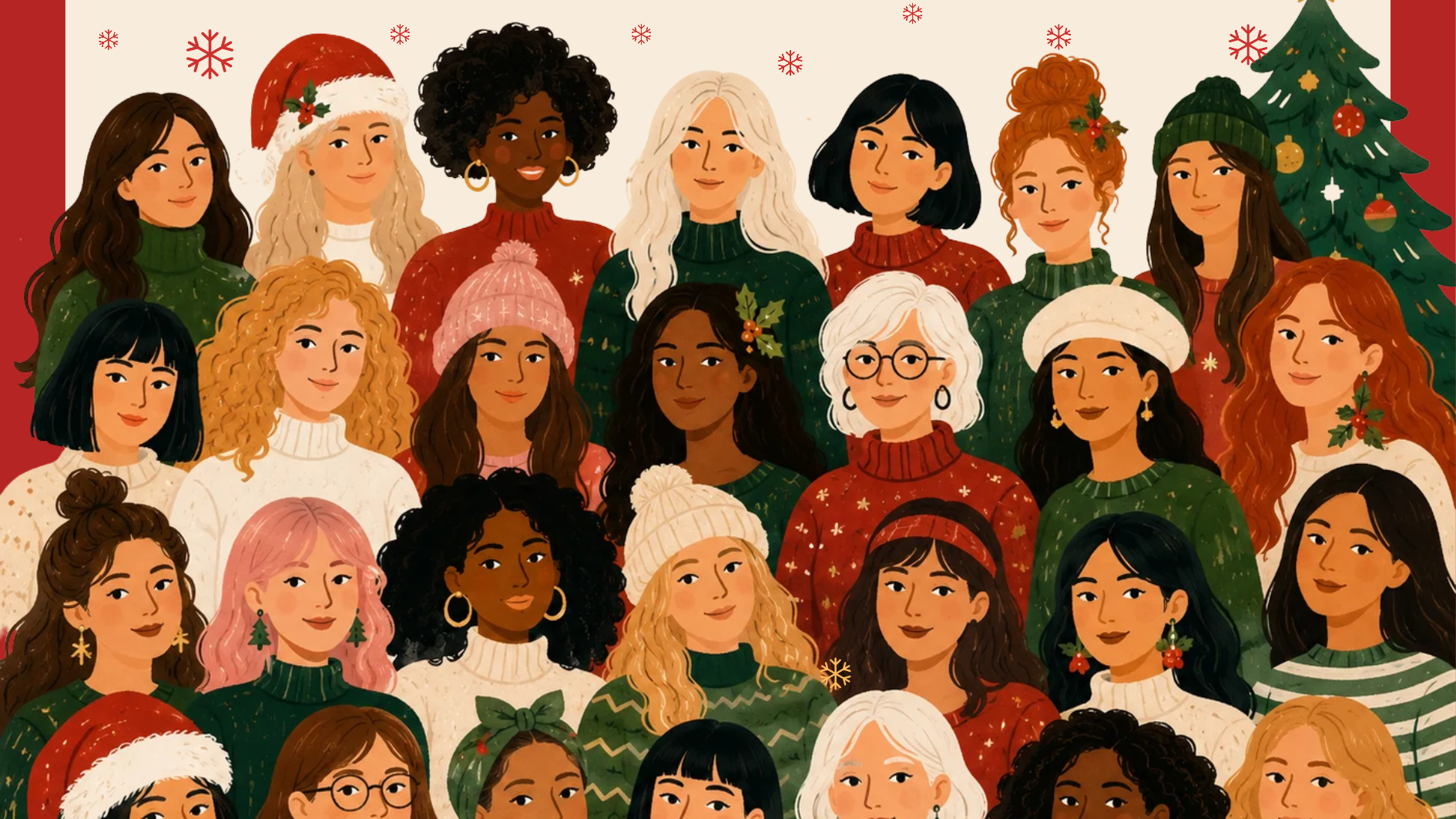 Women's Christmas Party illustration of women gathered in winter knitwear beside a decorated tree