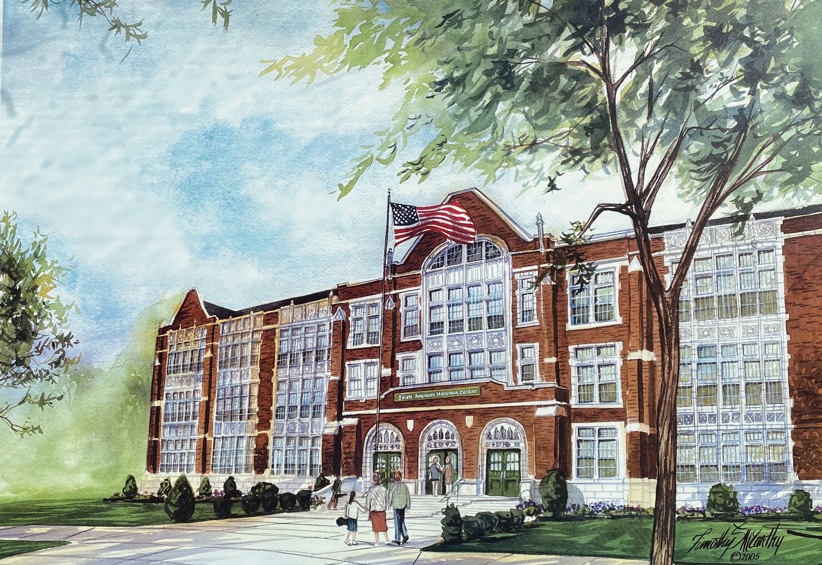 Watercolor painting of the Irish American Heritage Center building
