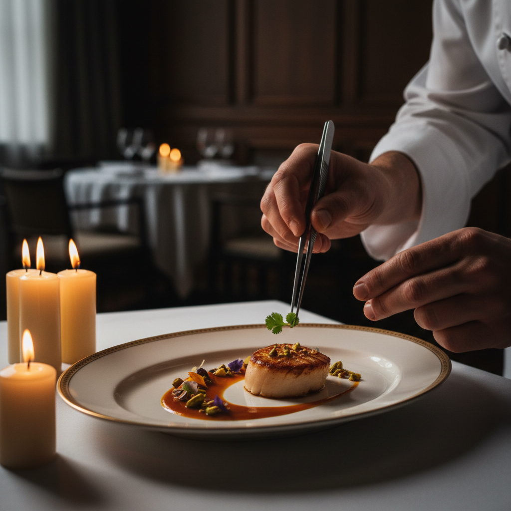 Culinary professional plating a dish in a working kitchen