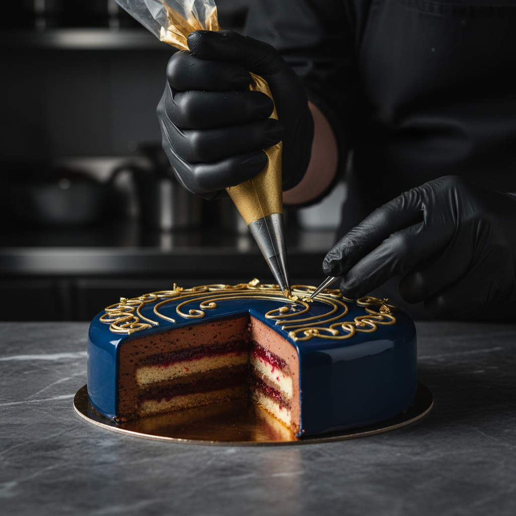 Pastry chef decorating a dessert