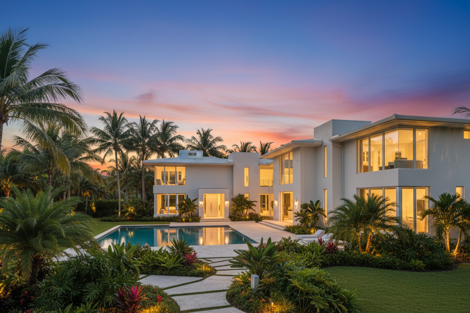 Modern Florida home with impact windows at sunset