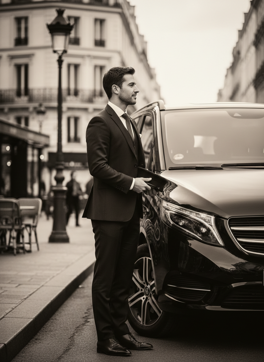Professional luxury chauffeur in tailored suit