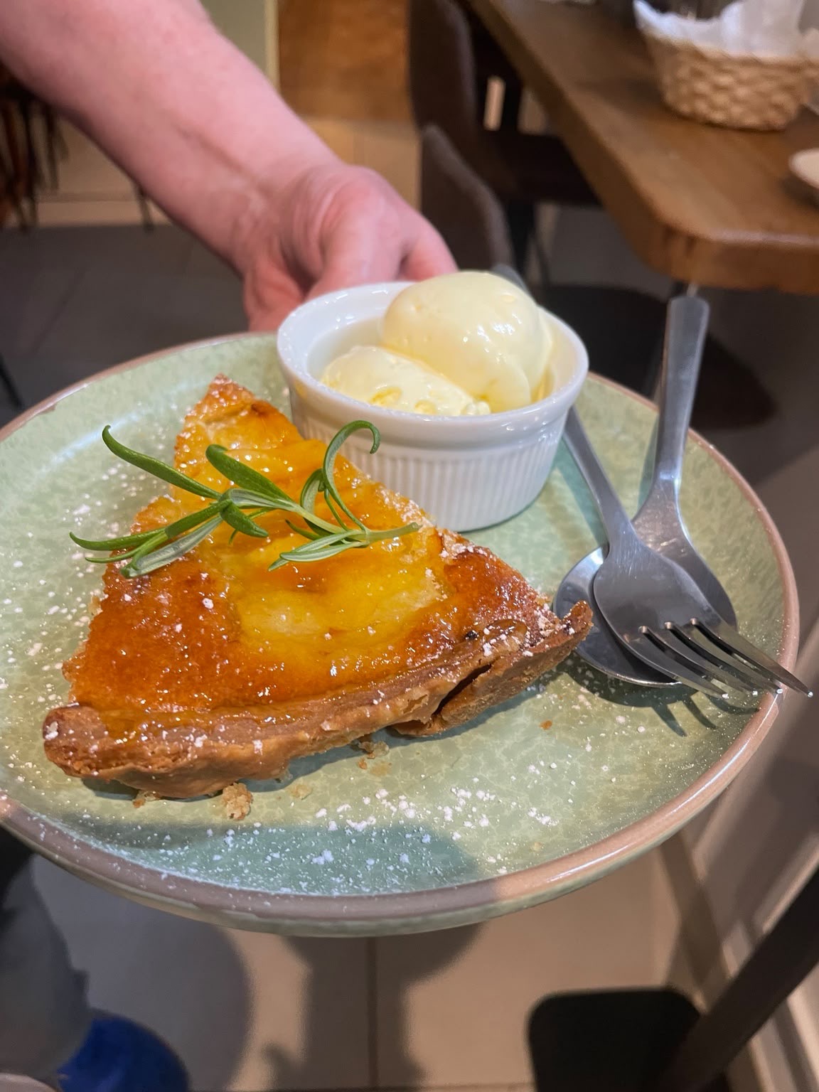 Pear and almond tart with vanilla ice cream