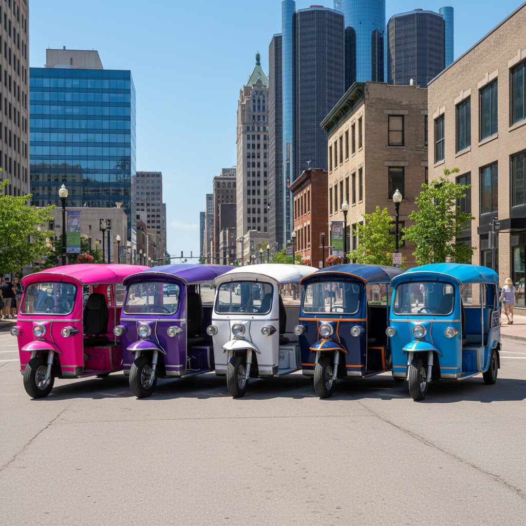 Tuk N Roll fleet of 5 tuk-tuks in Detroit Tigers, pink, purple, Lions, and white colors