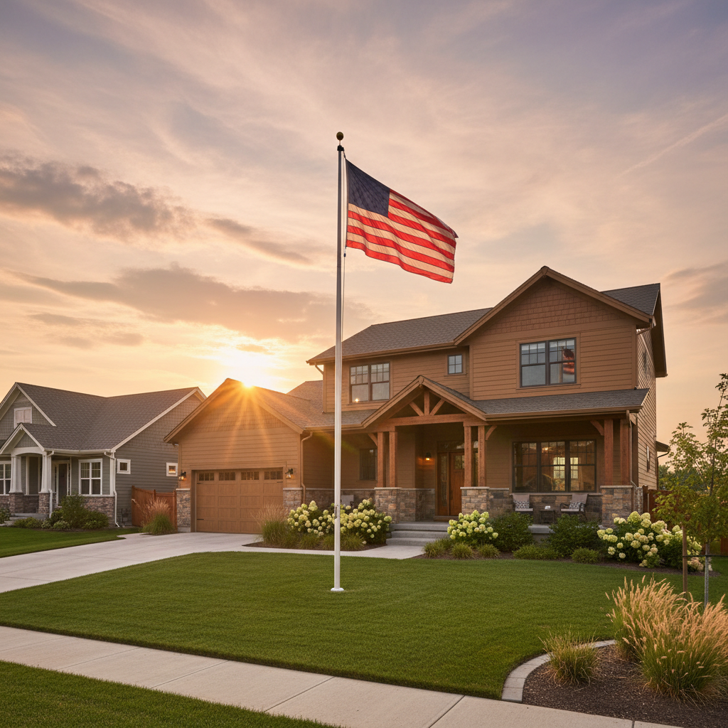 Modern craftsman home with American flag at sunset