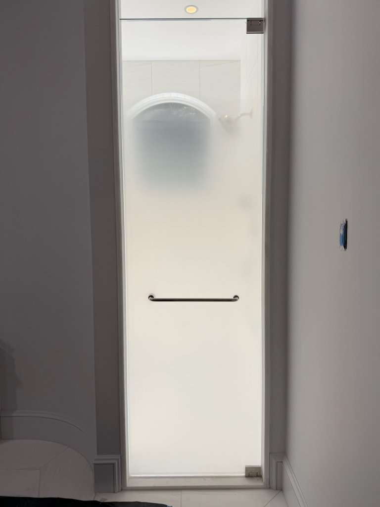 Frosted glass privacy treatment on a bathroom door