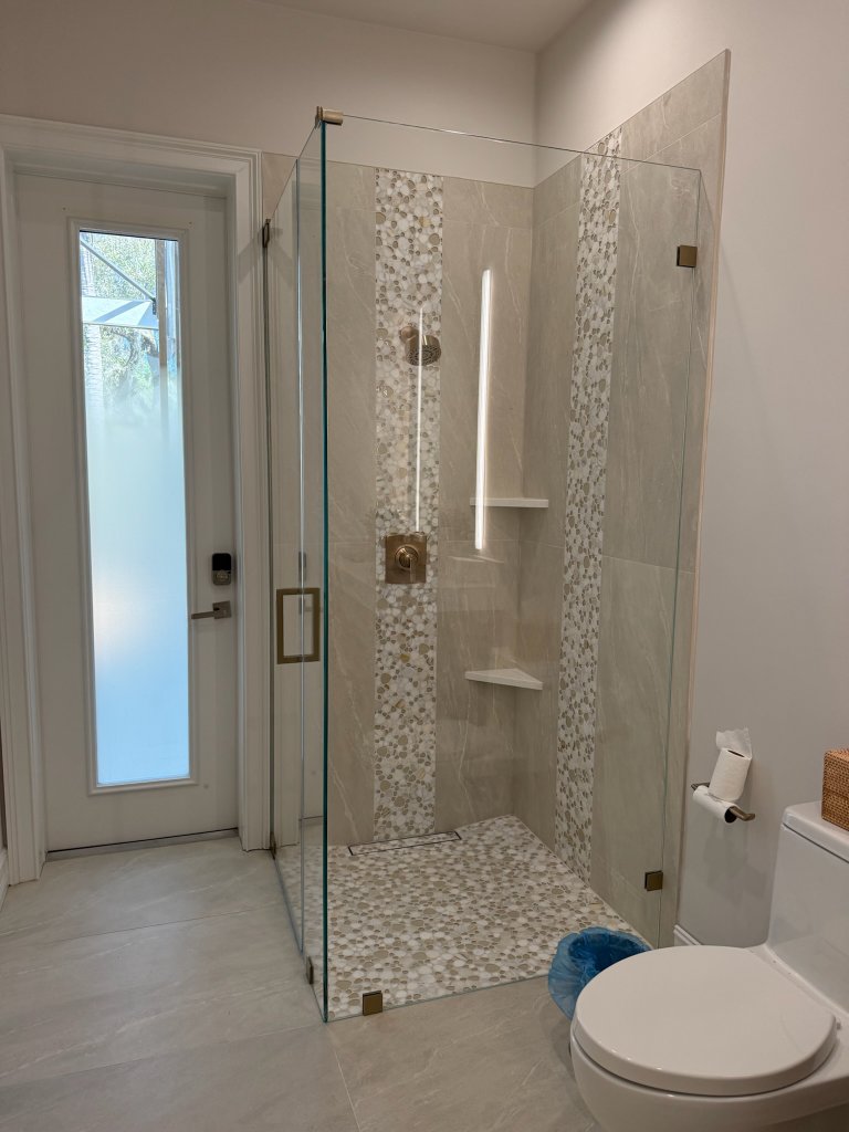 Frosted privacy treatment on a bathroom door