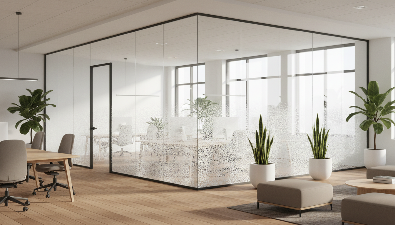 Modern open-plan office with gradient frosted decorative window film on glass partitions